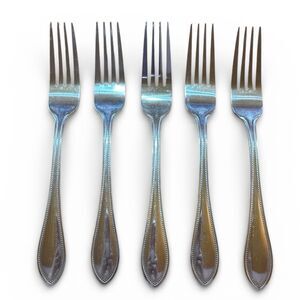 Set of 5 Wallace American Tradition 8” Dinner Forks Glossy Stainless Beaded